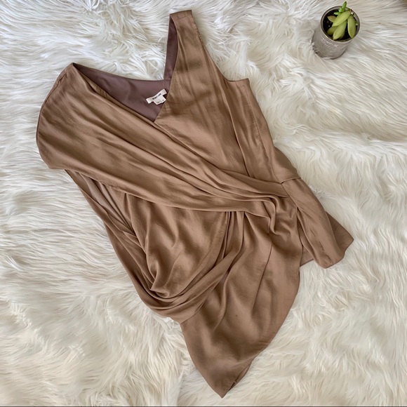 Helmut Lang Asymmetrical Draped V-Neck Tan Blouse - Picture 2 of 8